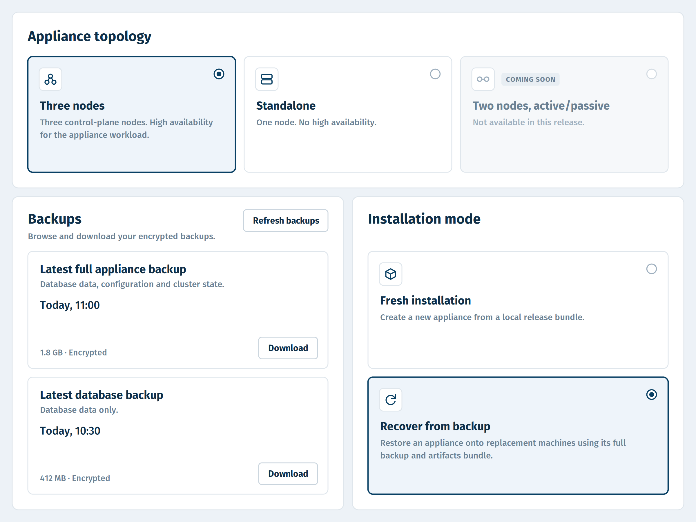 Topologie mit drei Knoten für Hochverfügbarkeit, verschlüsselte Backups und Wiederherstellung aus Backup