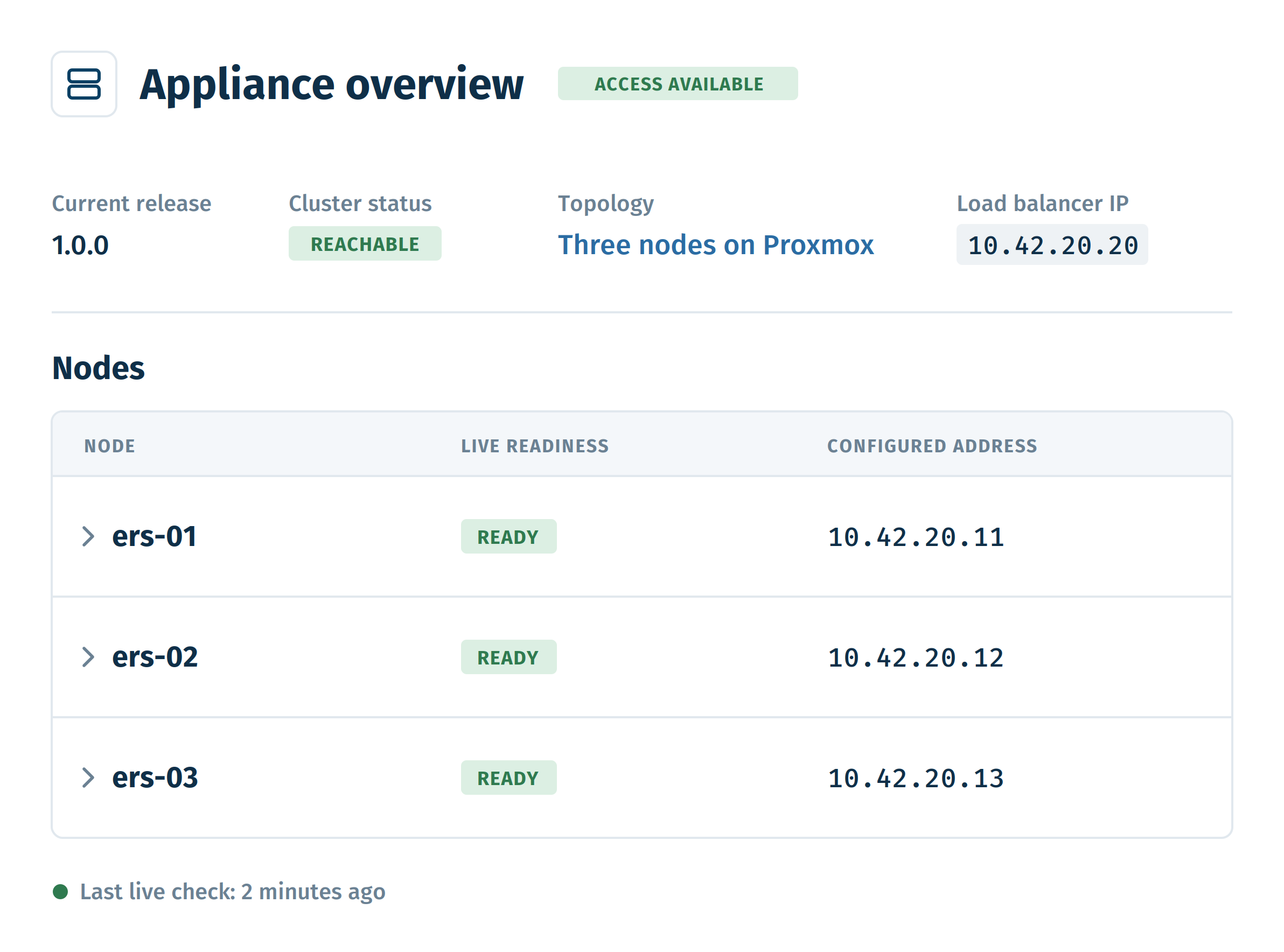 Appliance-Übersicht der ERS Appliance: Cluster erreichbar, drei Nodes bereit